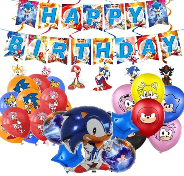 Set De Globos Con Banderin Sonic Tu Fiesta A Un Click