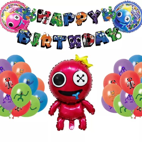 Set de globos mas banderín Rainbow Friends (rosa)