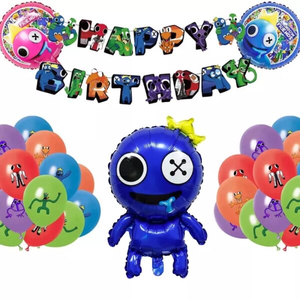 Set de globos mas banderín Rainbow Friends  (Azul)