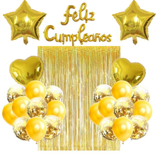 Kit Globos Decorativo + Cortina para Cumpleaños (Dorado)