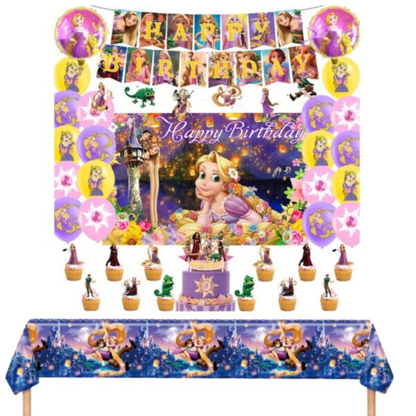 Set Decorativo con Fondo Telón + Mantel Princesa Rapunzel Cumpleaños