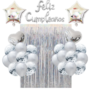 Kit Globos Decorativo + Cortina para Cumpleaños (Plateado)