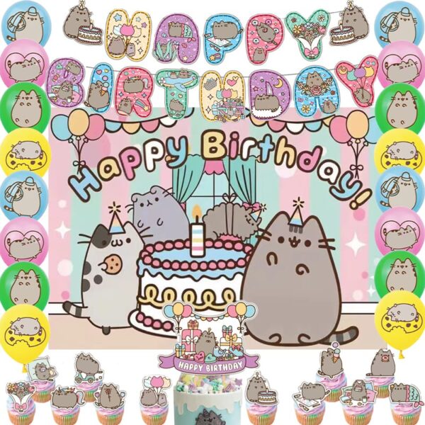 Set Decorativo Globos + Telón Cumpleaños Pusheen Cat