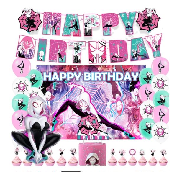 Set Decorativo + Fondo Telón Cumpleaños Spiderman Gwen