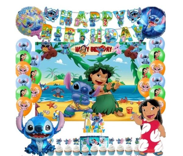 Set Decorativo + Fondo Telón Cumpleaños Lilo & Stich