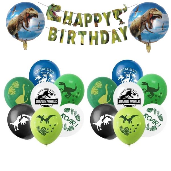 Set Banderín + Globos Látex Cumpleaños Dinosaurio