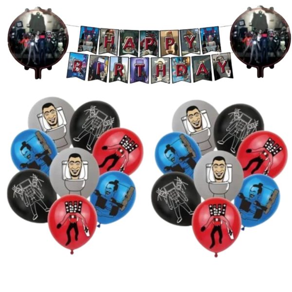 Set Banderín + Globos Látex Cumpleaños Skibi Toilert