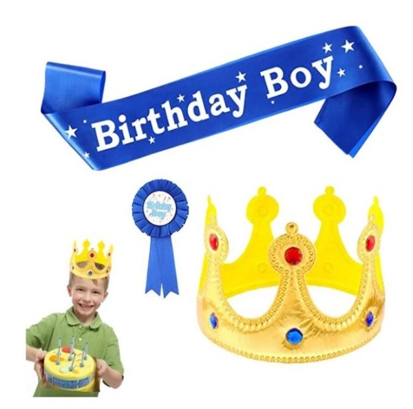 Corona y banda Fiesta de Cumpleaños (Azul) niño