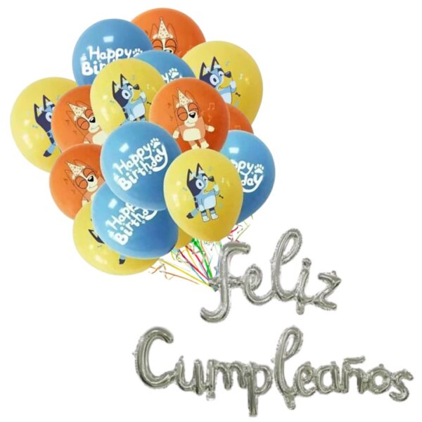Set 16 Globos Látex mas feliz cumpleaños Bluey