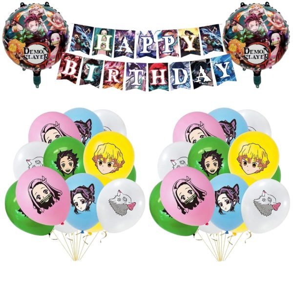 Set Banderin + Globos Látex Cumpleaños Demon Slayer