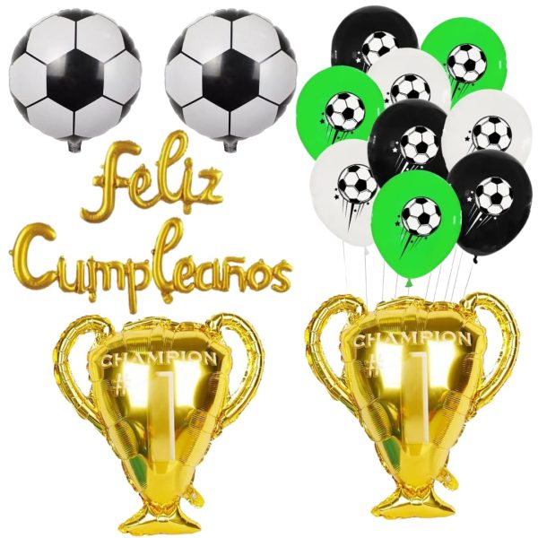 Set Globos Aluminio + 12 globos látex Feliz Cumpleaños Futbol