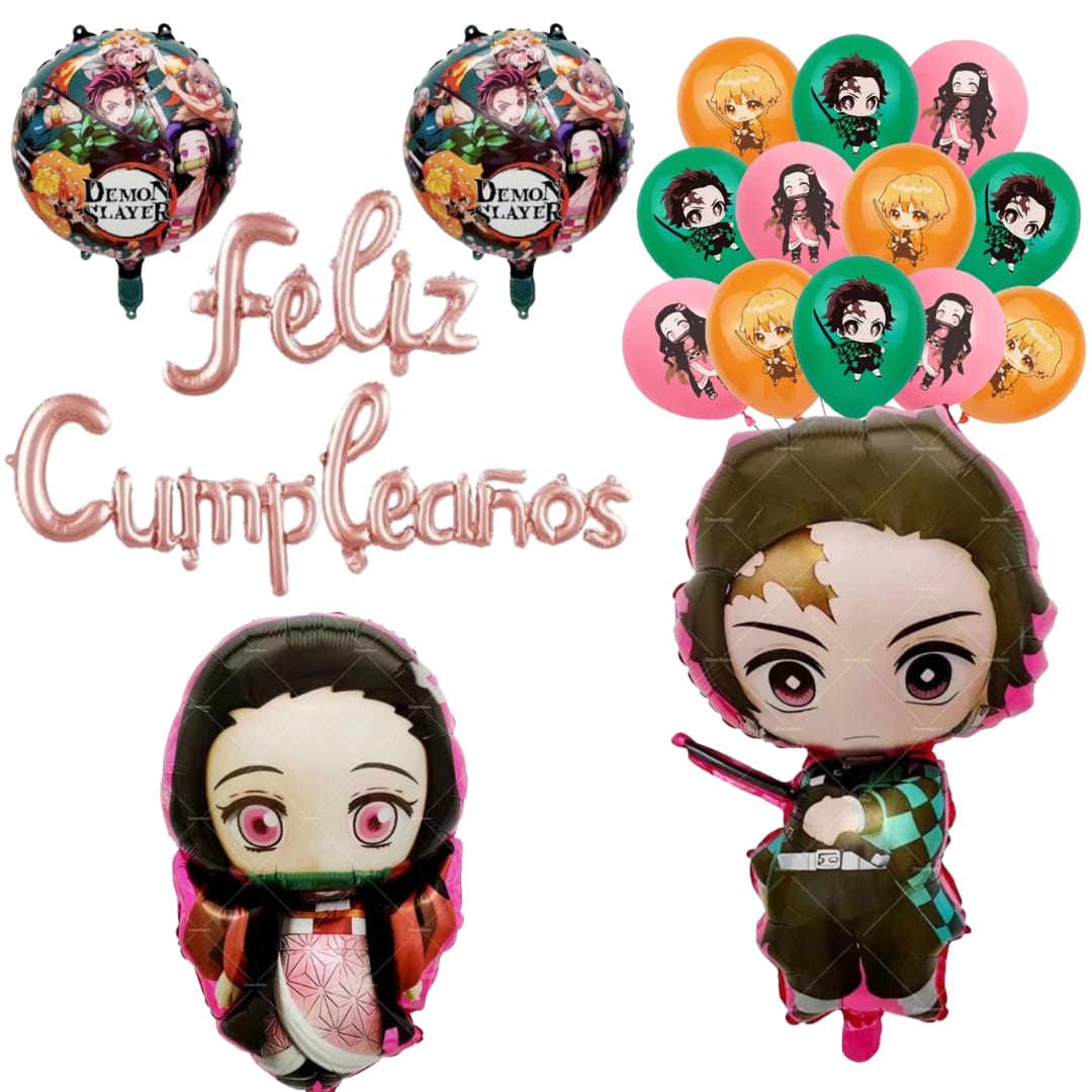 Set Globos Aluminio + Globos Látex Feliz Cumpleaños Demon Slayer