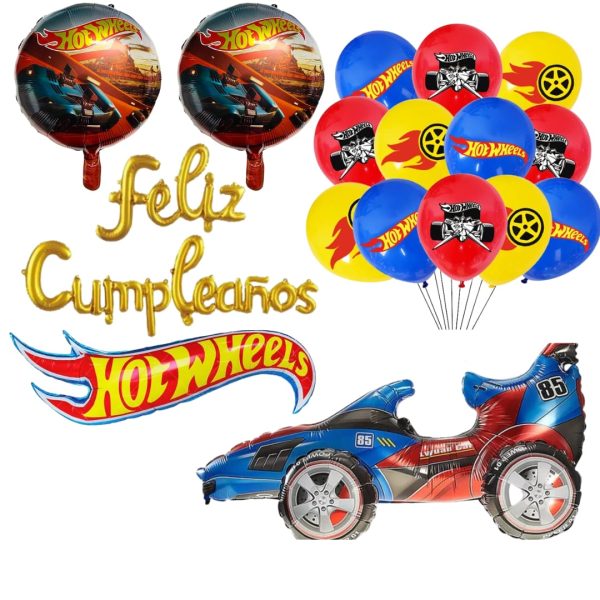 Set Globos Aluminio + 12 Globos Látex Cumpleaños Hotwheels
