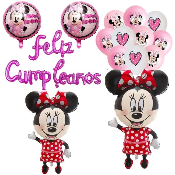 Set Globos Aluminio + 12 Globos Látex Feliz Cumpleaños Minnie Mouse