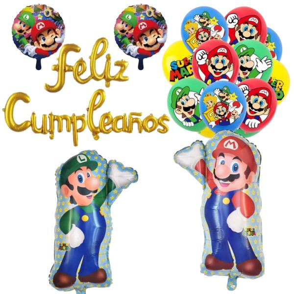 Set Globos Aluminio + 12 globos Látex Feliz Cumpleaños Mario Bros
