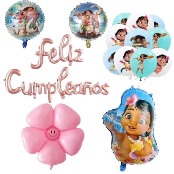 Set Globos Aluminio + 12 globos Látex Feliz Cumpleaños Moana