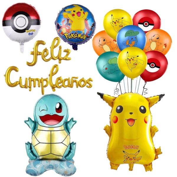 Set Globos Aluminio + 12 globos Látex Feliz Cumpleaños Pokémon