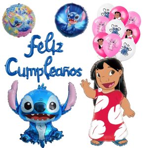 Set Globos Aluminio + 12 globos Látex Feliz Cumpleaños Lilo & Stich