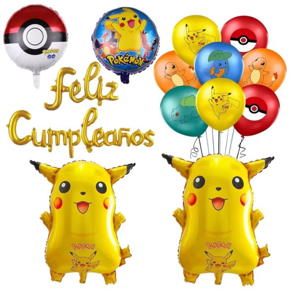 Set Globos Aluminio + 12 Globos Látex Feliz Cumpleaños Pokemon