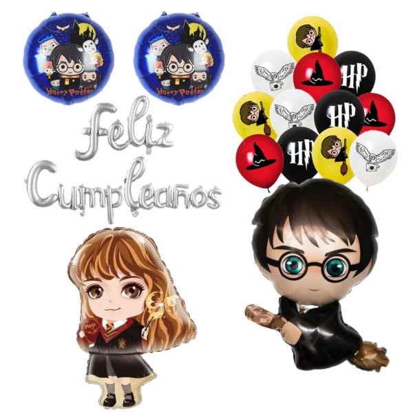 Set Globos Aluminio + 12 Globos Látex Feliz Cumpleaños Harry Potter