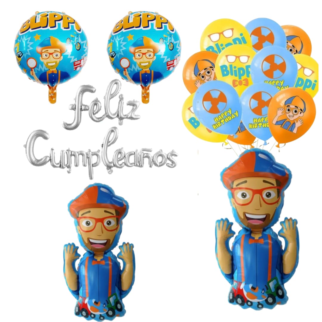 Set Globos Aluminio + 12 Globos Látex Feliz Cumpleaños Blippi