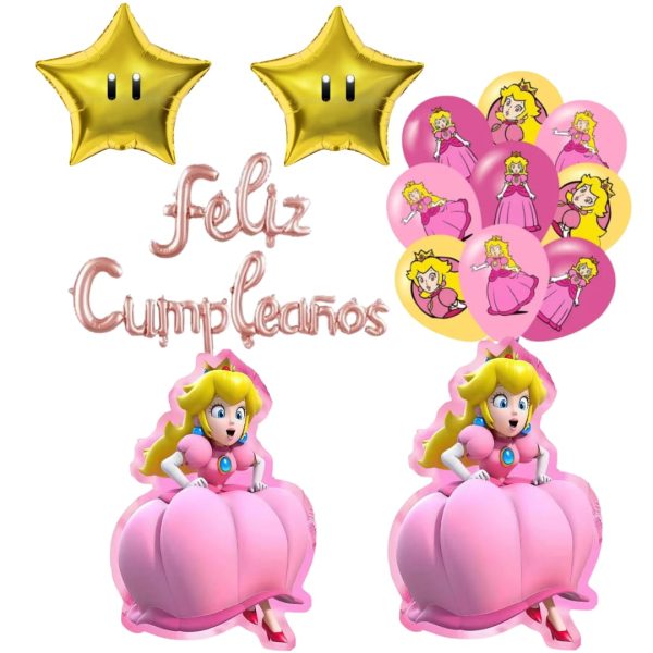 Set Globos Aluminio + 12 globos Látex Feliz cumpleaños Princesa Peach (Mario Bros)