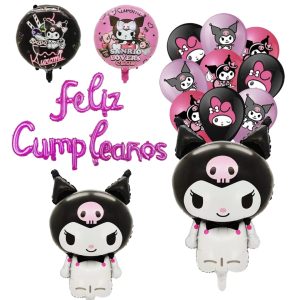 Set Globos Aluminio + 12 Globos Látex Feliz Cumpleaños Kuromi