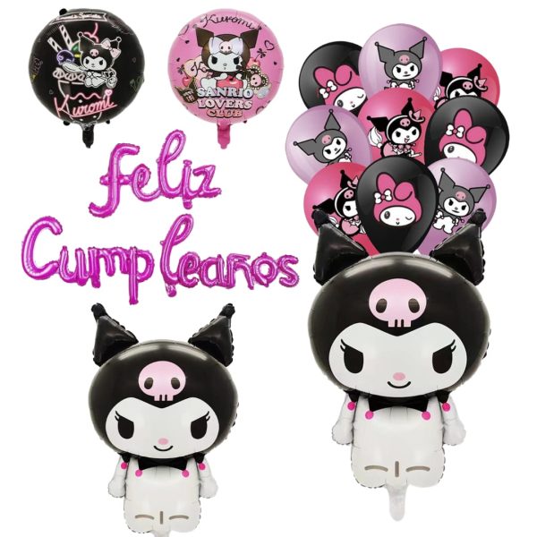 Set Globos Aluminio + 12 Globos Látex Feliz Cumpleaños Kuromi
