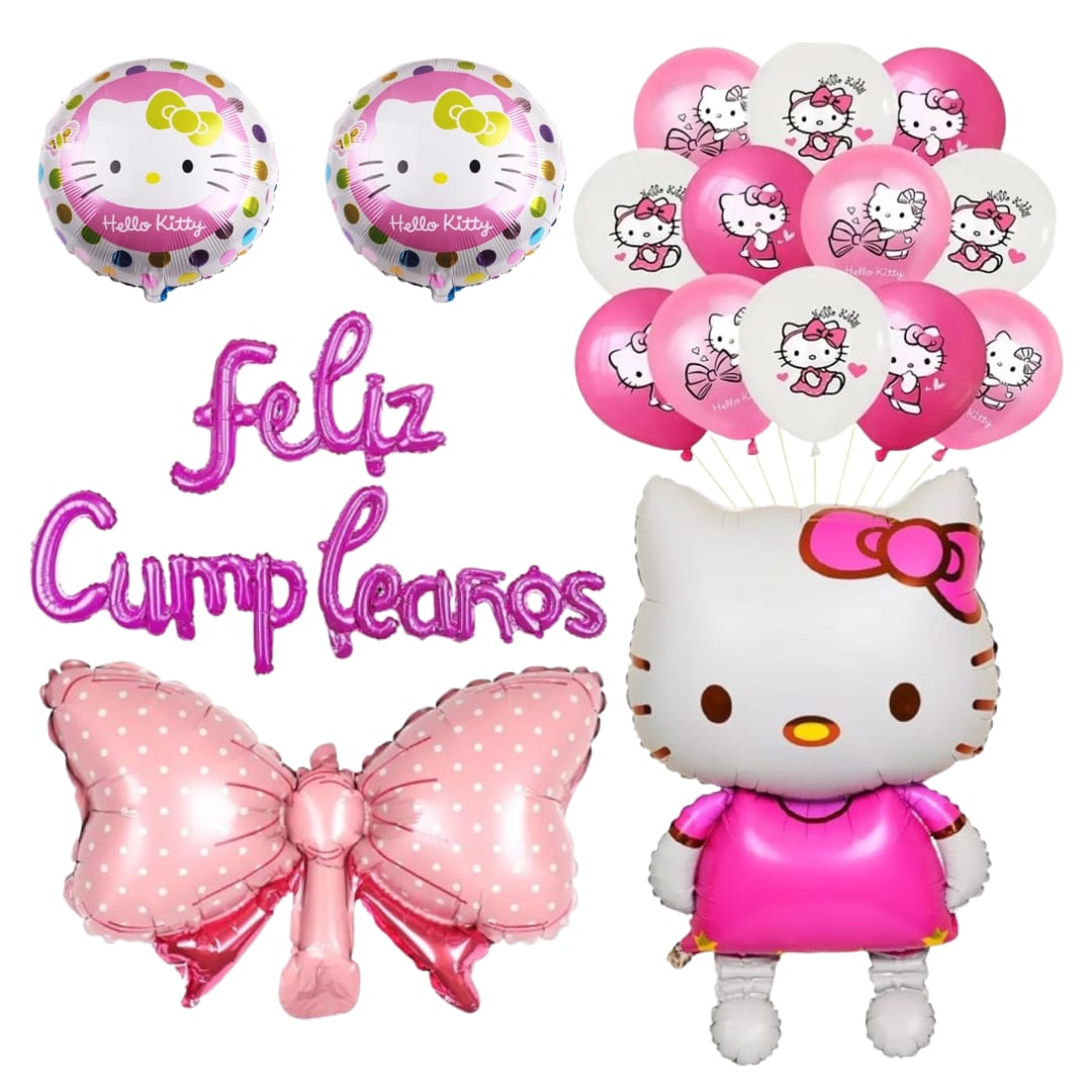 Set Globos Aluminio + 12 globos Látex Feliz Cumpleaños Hello Kitty