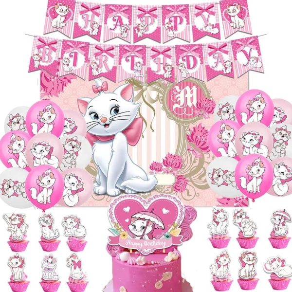 Set Decorativo + Fondo Telón Cumpleaños Gatita Marie