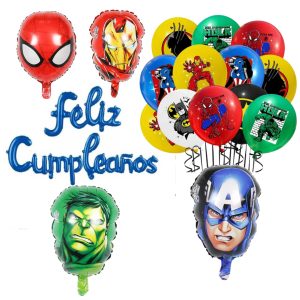 Set Globos Aluminio + 12 Globos látex Feliz Cumpleaños Avengers