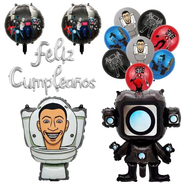 Set Globos Aluminio + 12 globos Látex Feliz Cumpleaños Skibidi Toilet