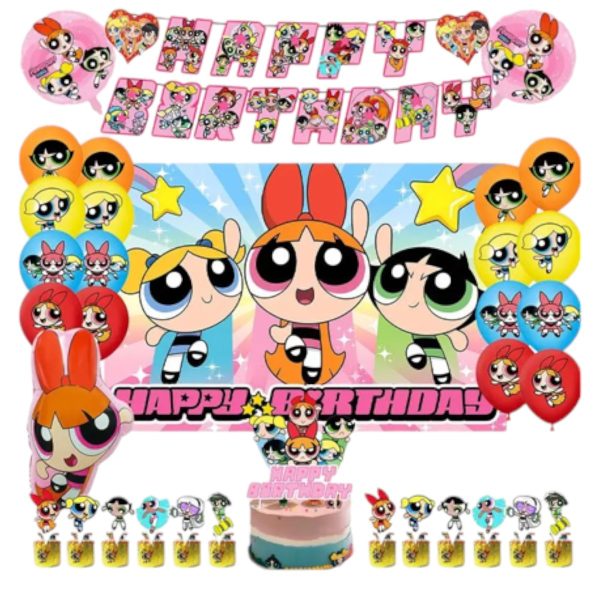 Set Decorativo + Fondo Telón Cumpleaños Chicas Superpoderosas
