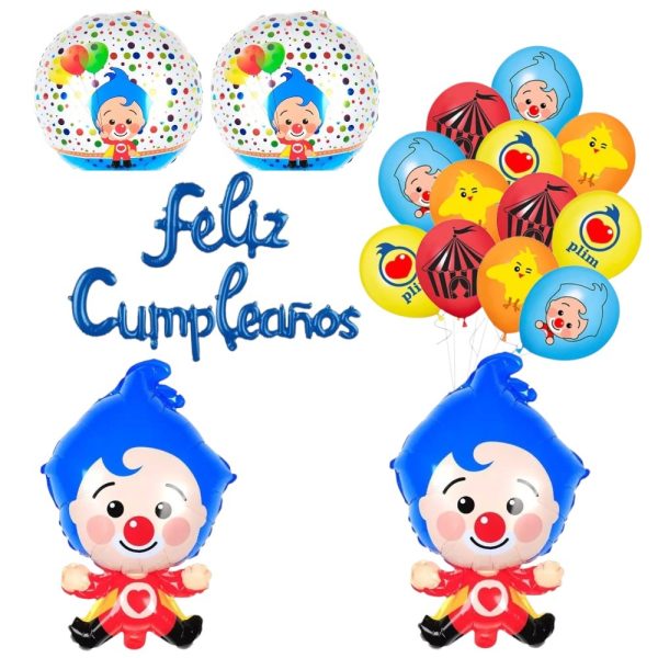 Set Globos Aluminio + 12 globos Látex Feliz Cumpleaños Plim plim