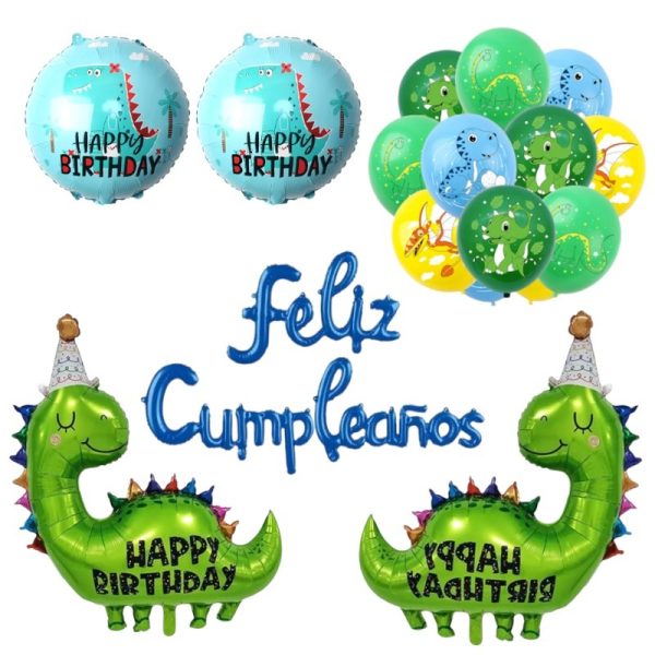 Set Globos Aluminio + 12 globos Látex Feliz Cumpleaños Dinosaurios bebe