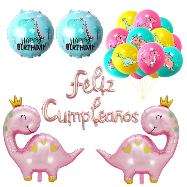 Set Globos Aluminio + 12 globos Látex Feliz Cumpleaños Dinosaurios Rosa