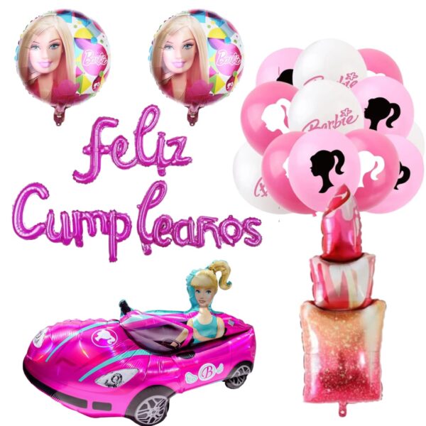 Set Globos Aluminio + 12 globos Látex Feliz Cumpleaños Barbie