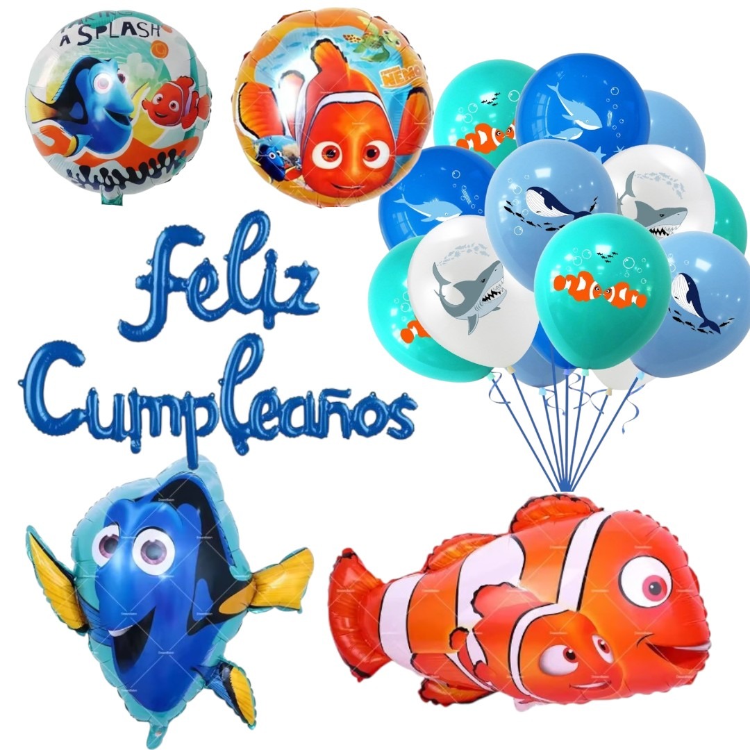 Set Globos Aluminio + 12 globos Látex Feliz Cumpleaños Buscando a Nemo