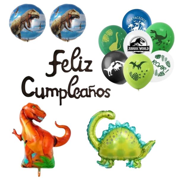 Set Globos Aluminio + 12 globos Látex Feliz Cumpleaños Dinosaurios