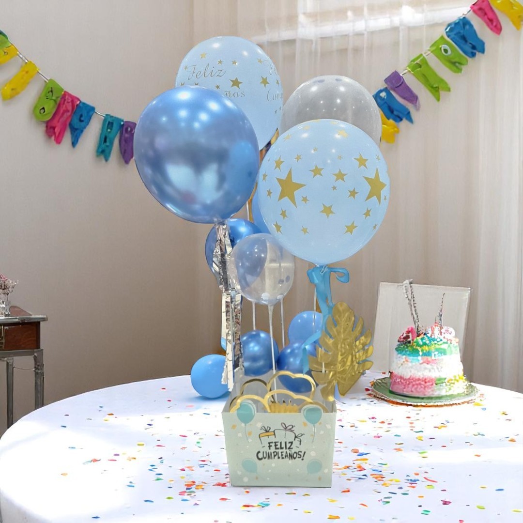Set De Globos y Caja Arreglo de Cumpleaños (Azul)