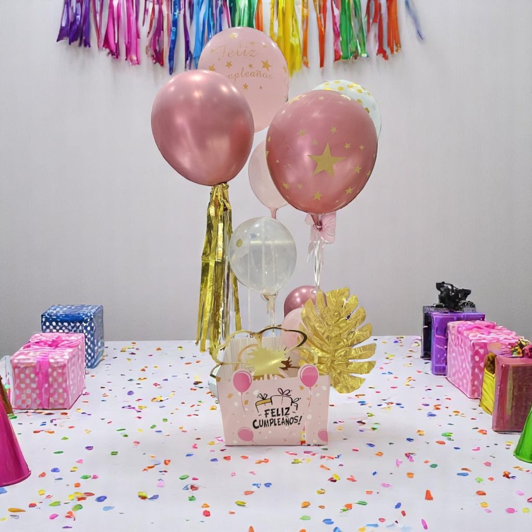 Set De Globos y Caja Arreglo de Cumpleaños (Rosa)