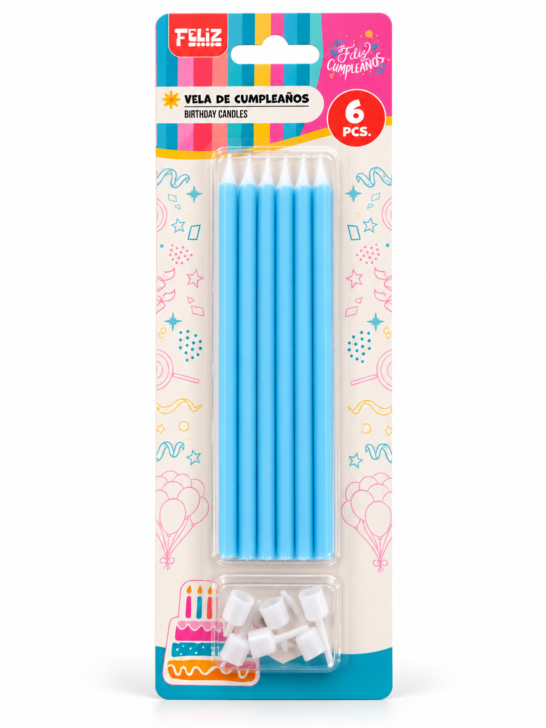 Pack 6 Velas largas de Cumpleaños azul
